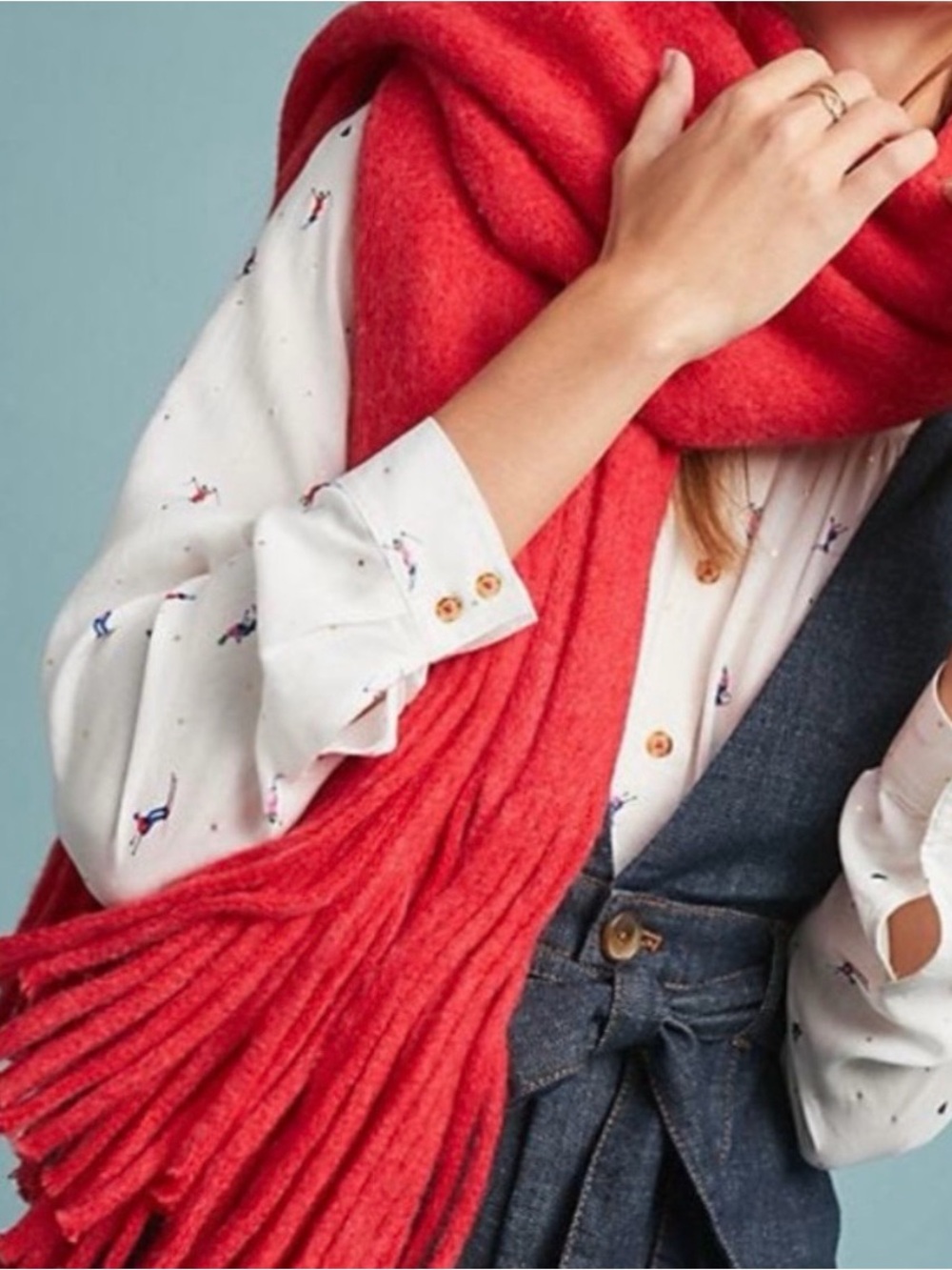 Anthropologie Bright Red Fringe Wrap Scarf